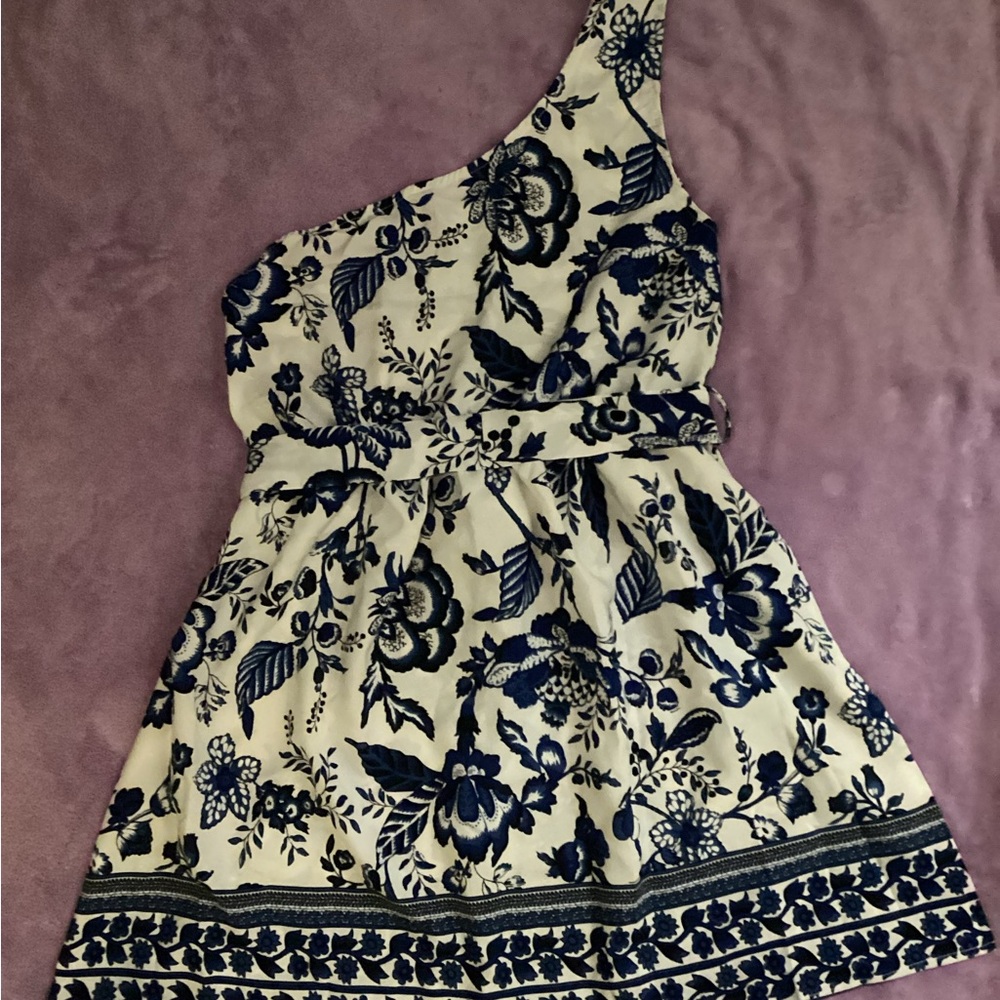 Floral One-Shoulder Dress in Blue and White